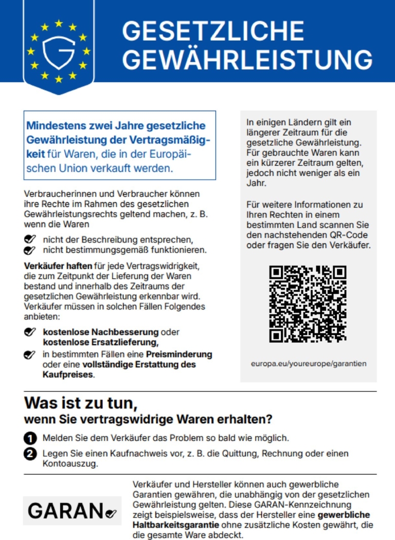EU-Gewährleistungslabel: Informationen zur gesetzlichen Gewährleistung beim Kauf von Waren